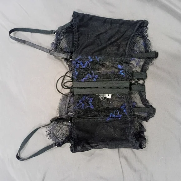 Black Lace Bustier Corset Lingerie Set – Floral Mesh w/ Thong | Size M | New - Picture 6 of 11